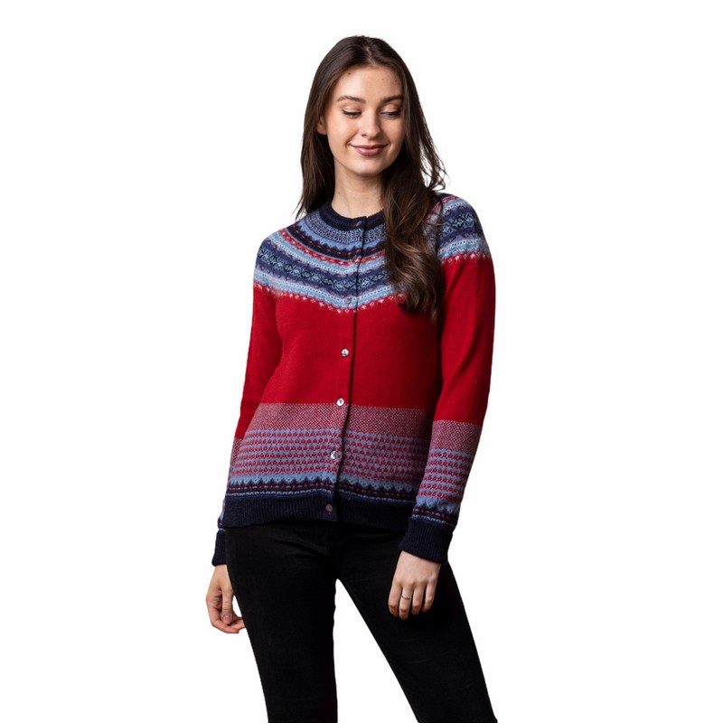 Eribe Knitwear Alpine Cardigan in poppy on model front