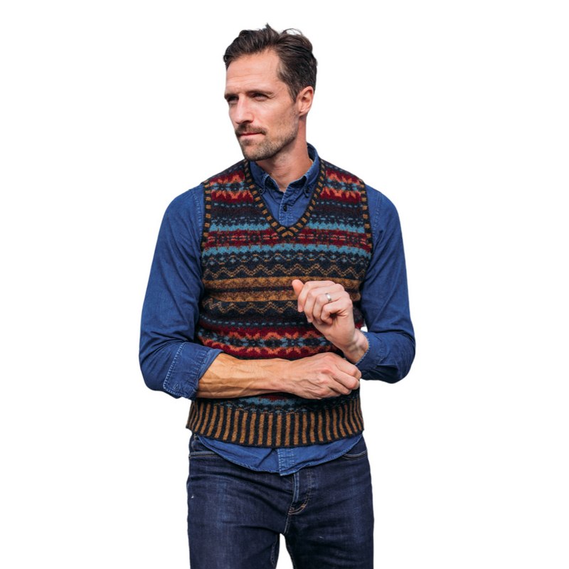 Eribe Knitwear Brodie Men's Fairisle Vest Sweater Bracken Fairisle V4200 on model front