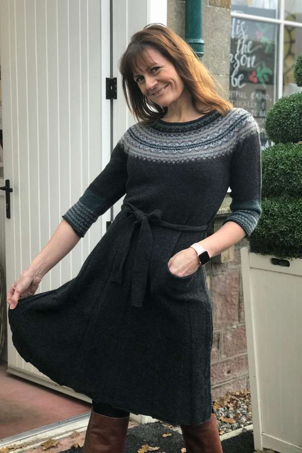Eribe Alpine Smock Dress in Colliery with hem held out