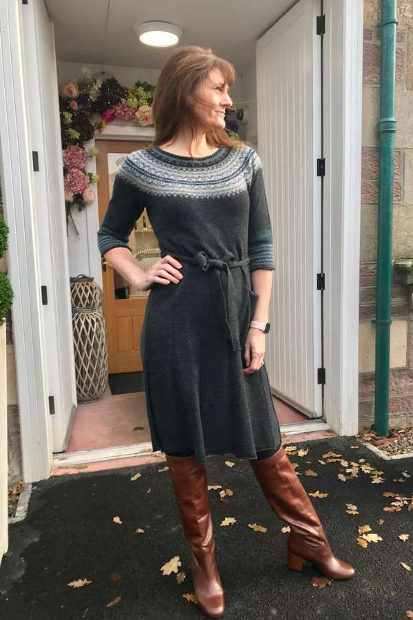 Eribe Alpine Smock Dress in Colliery on Helen at The Old School Beauly