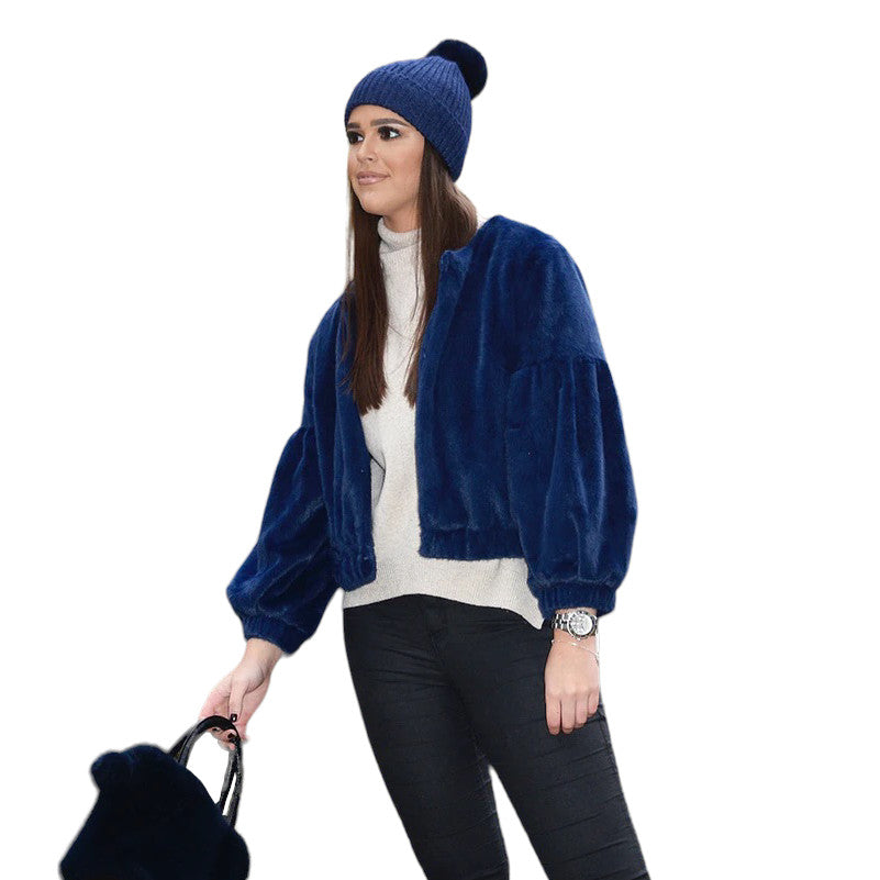 Faux Fur Cropped Jacket Blue FMJ37A-07 on model front