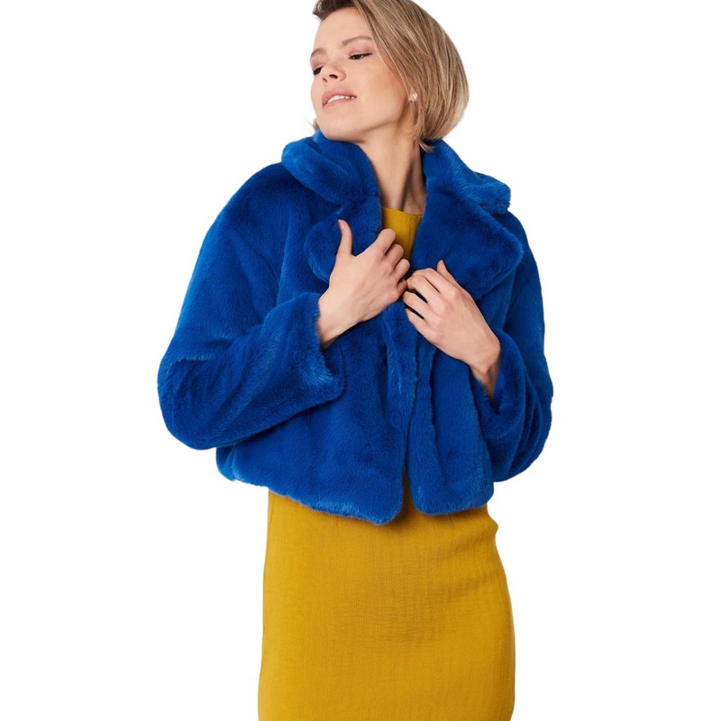 Faux Fur Cropped Jacket Electric Blue on model close-up