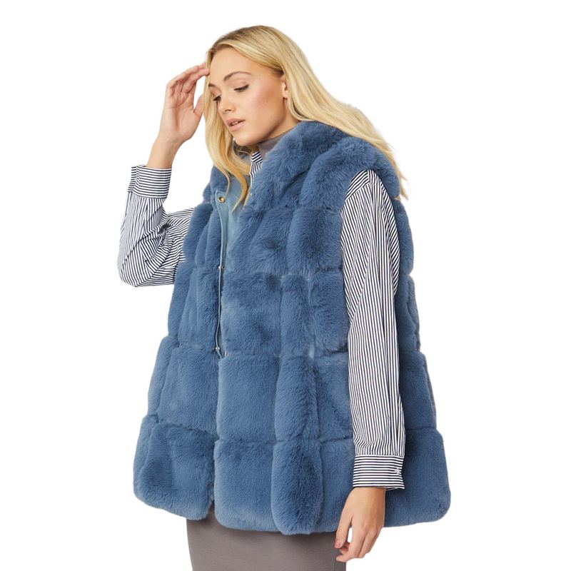 Faux Fur Long Gilet Silver Blue FMG55A-07N on model close-up