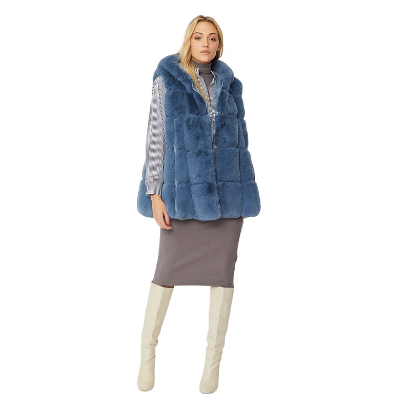 Faux Fur Long Gilet Silver Blue FMG55A-07N on model front