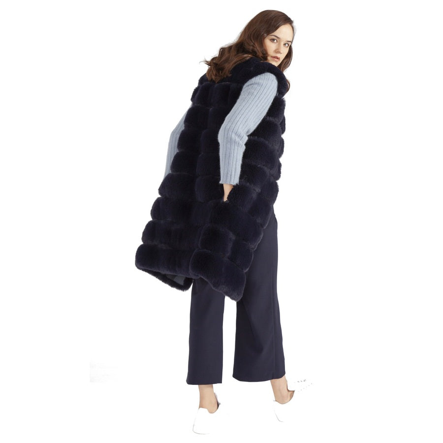 Faux Fur Long Gilet in Navy FMLG495A-07 on model back