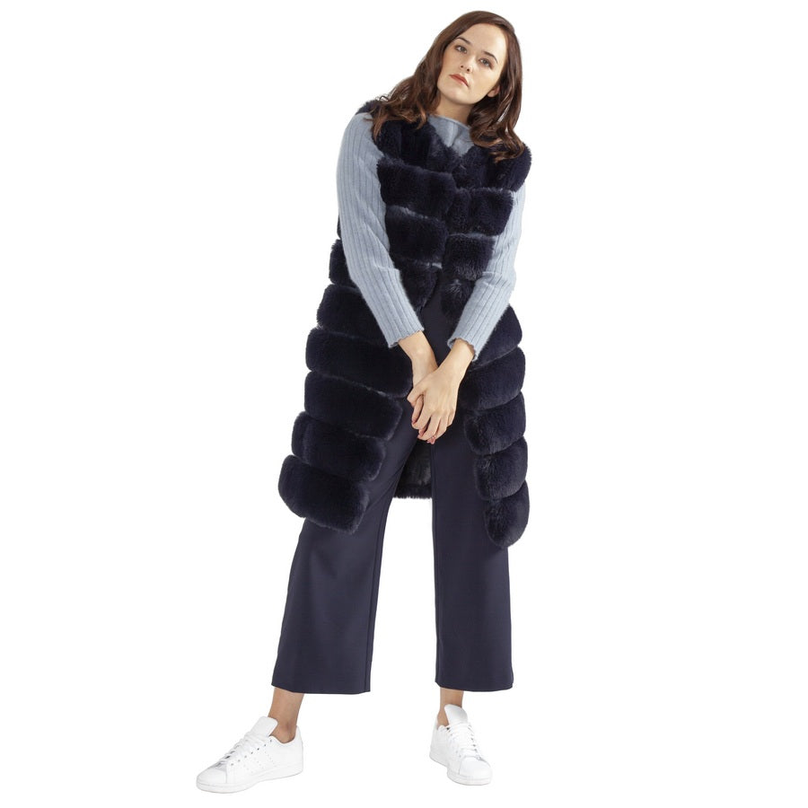 Faux Fur Long Gilet in Navy FMLG495A-07 on model front