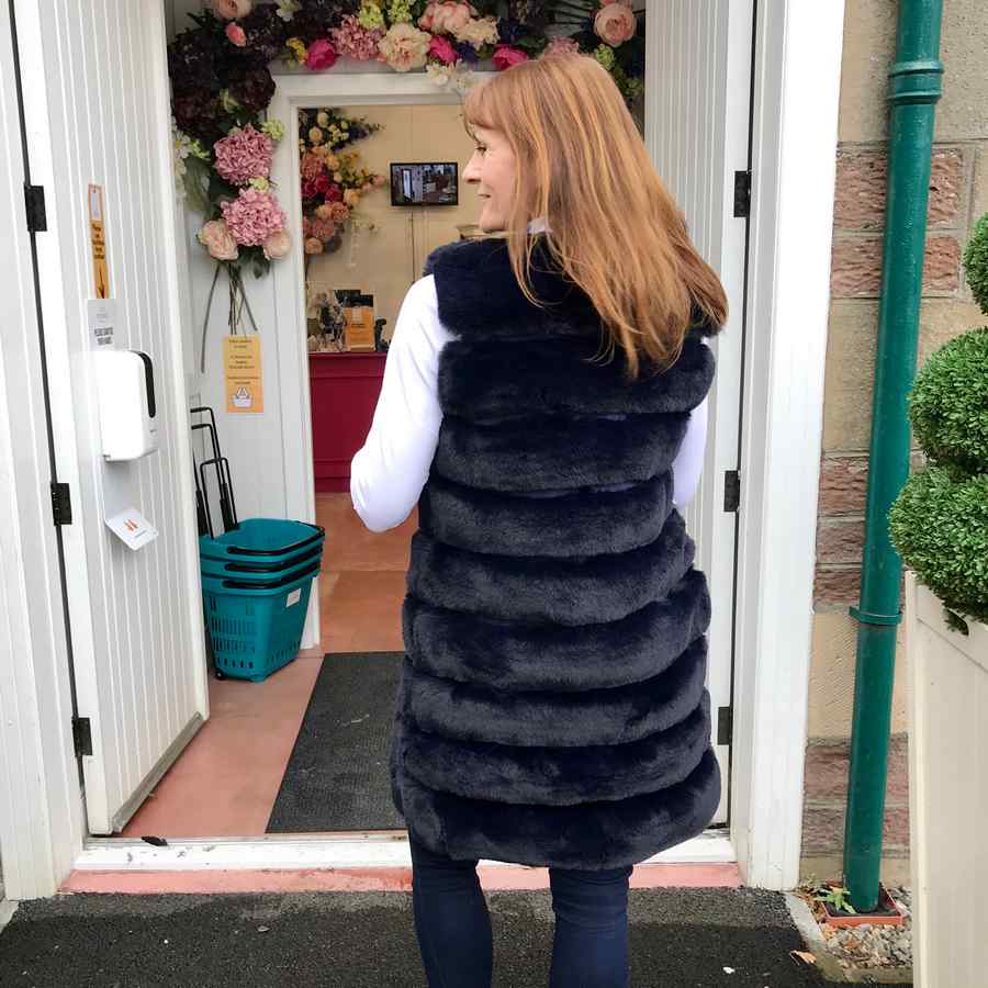 Faux Fur Long Gilet in Navy on Helen back