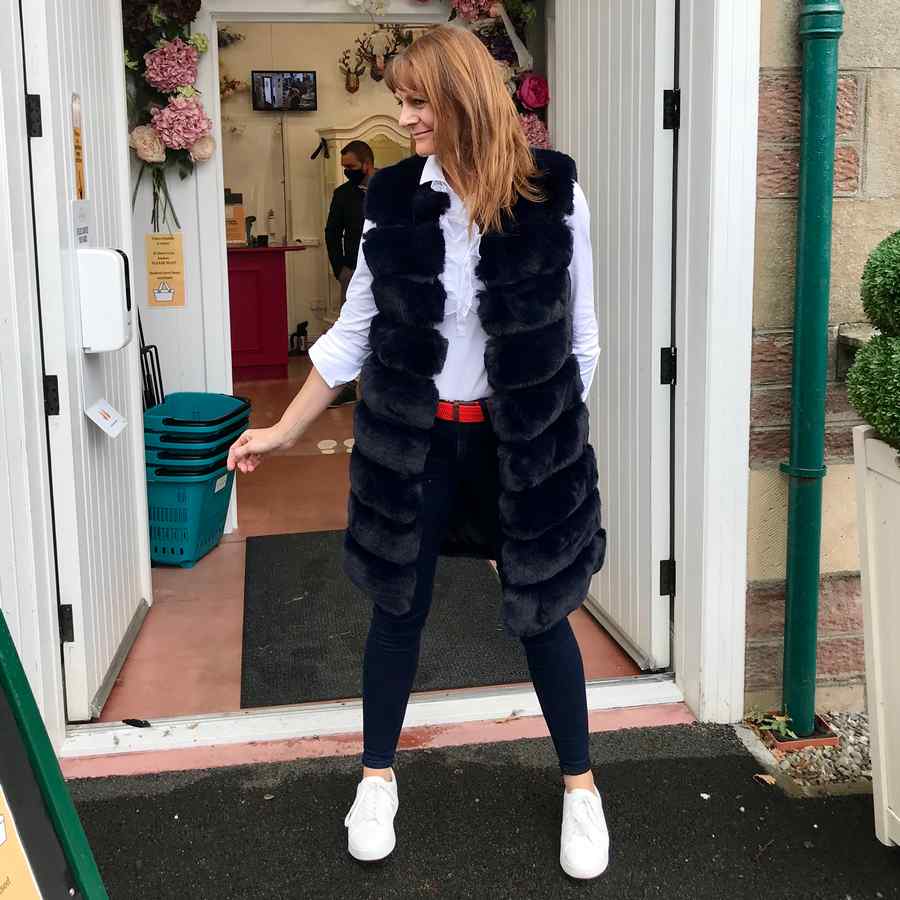 Faux Fur Long Gilet in Navy on Helen front