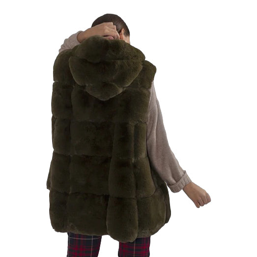 Faux Fur Long Hooded Gilet Khaki Green FMG55A-G07﻿ on model back