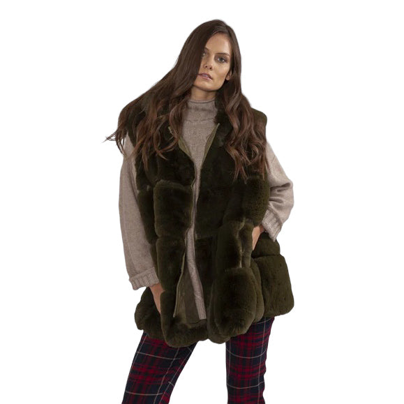 Faux Fur Long Hooded Gilet Khaki Green FMG55A-G07﻿ on model front