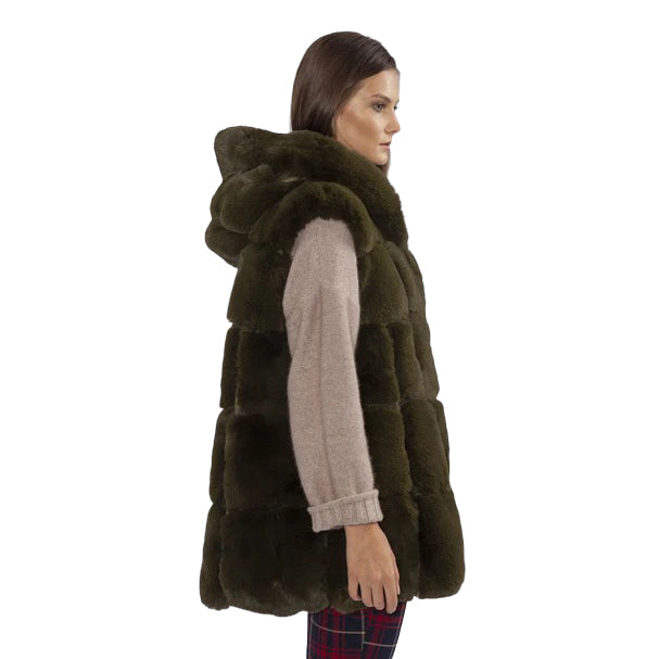 Faux Fur Long Hooded Gilet Khaki Green FMG55A-G07﻿ on model side