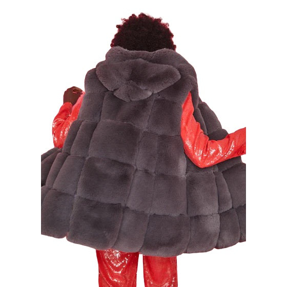 Faux Fur Long Hooded Gilet Slate Grey FMG55A-D03 on model back