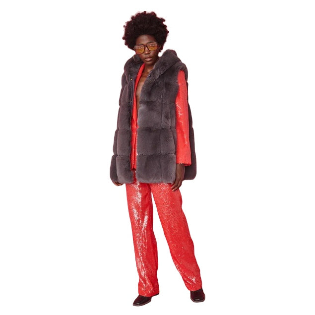 Faux Fur Long Hooded Gilet Slate Grey FMG55A-D03 on model main
