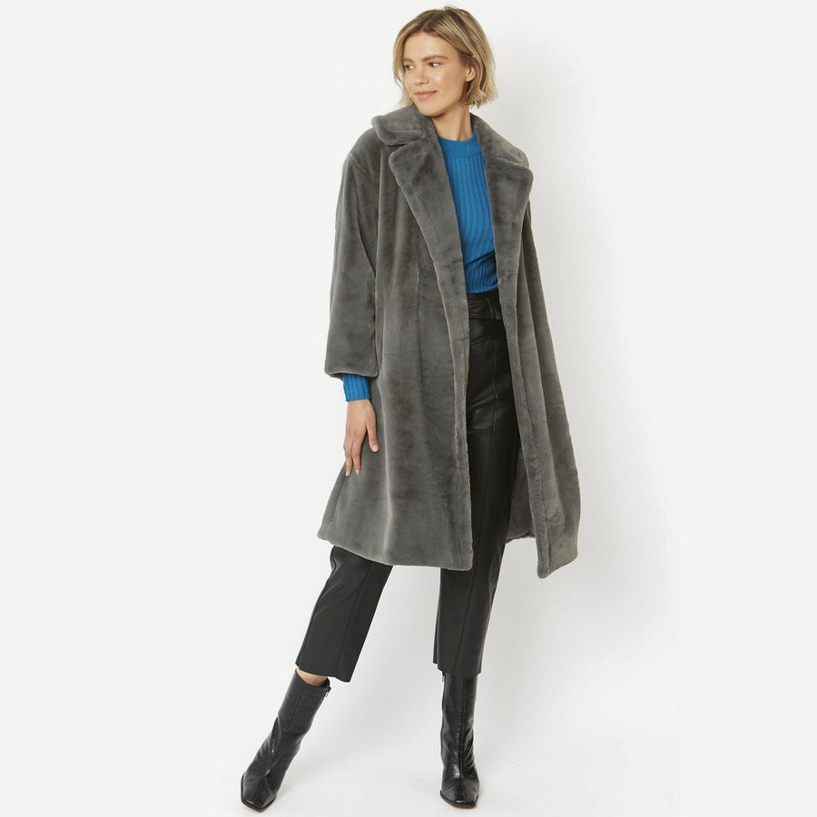 Faux Fur Max Coat in Grey FMCT55A-03 on model 2