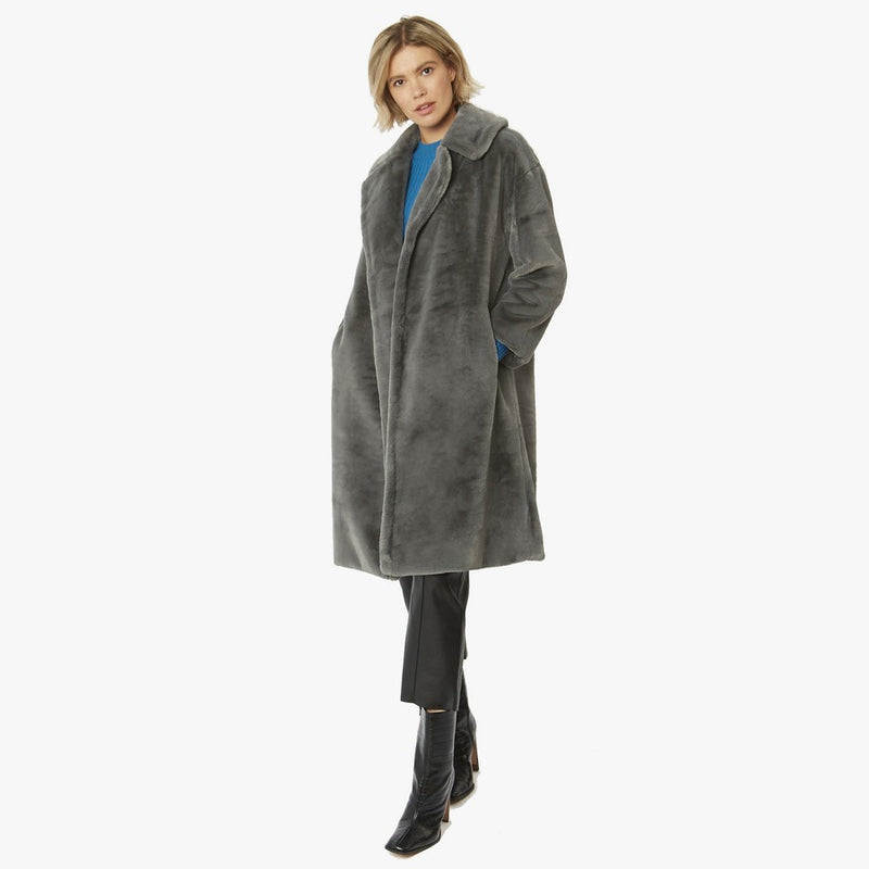 Faux Fur Max Coat in Grey FMCT55A-03 on model side