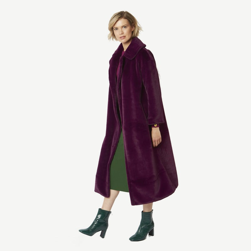 Faux Fur Maxi Coat in Plum FMCT59A-05 on model front