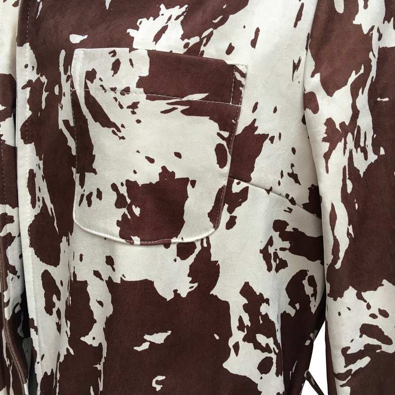 Faux Suede Brown Cow Print Trench Coat breast pocket detail