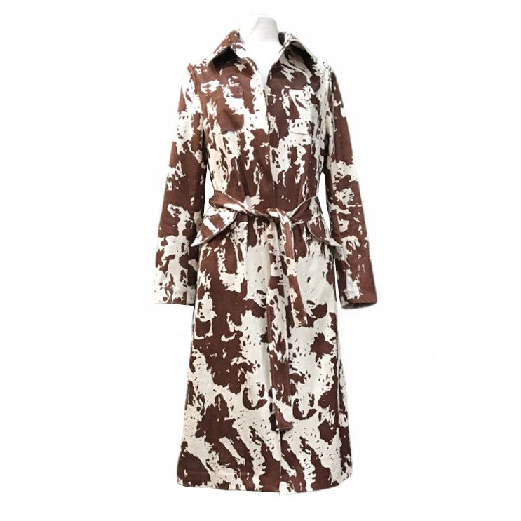 Faux Suede Brown Cow Print Trench Coat on mannequin front