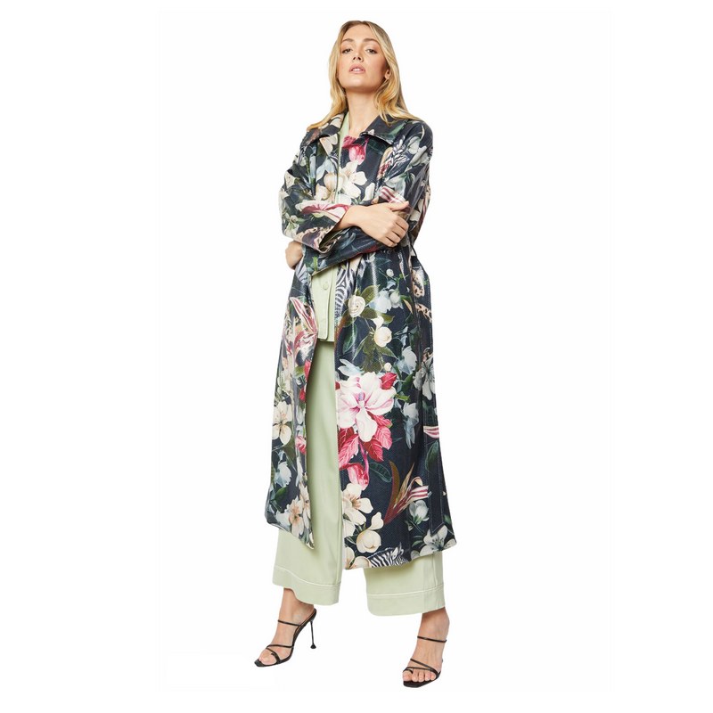 Faux Suede Flower Print Trench Coat SUFTR45A-MULTI on model front