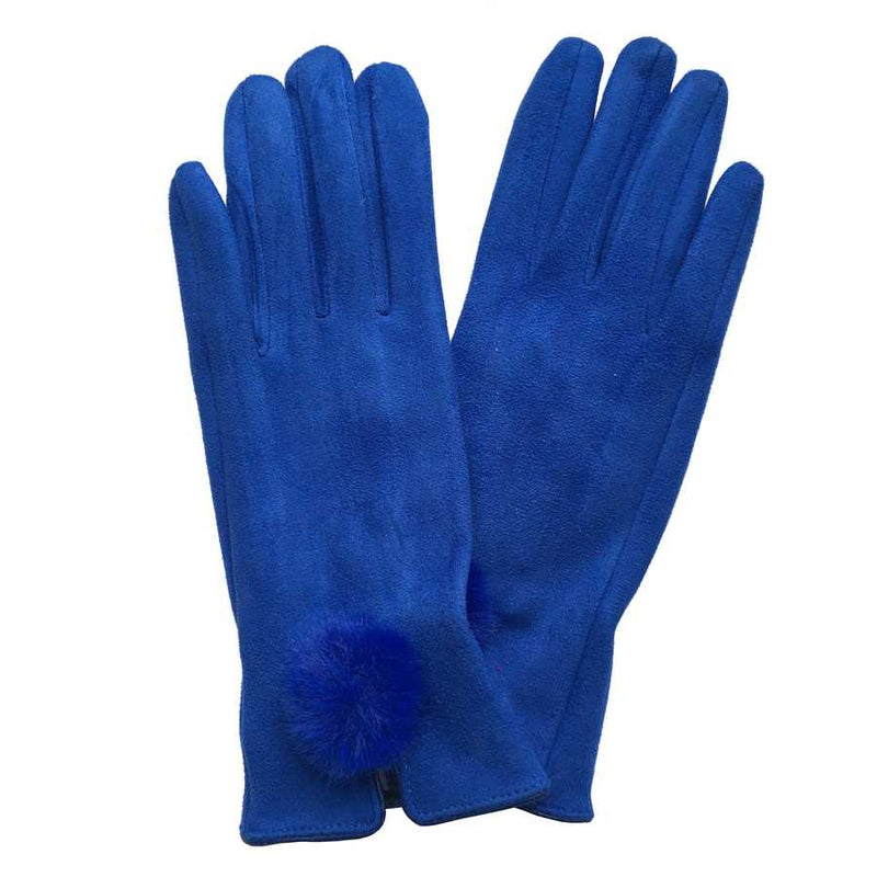 Faux Suede Gloves with Faux Fur Pompom in Blue pair