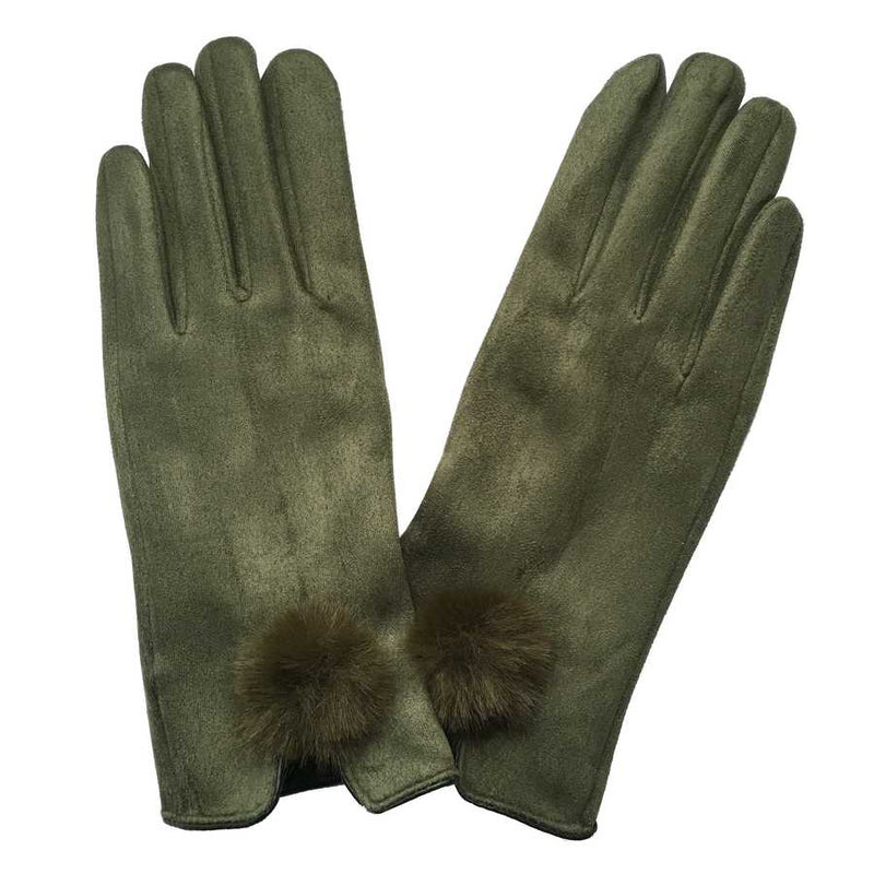 Faux Suede Gloves with Faux Fur Pompom in Green pair