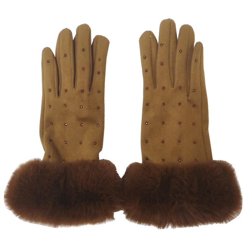 Studded Faux Suede Gloves with Faux Fur Trim Mocha GLVFM95A-09