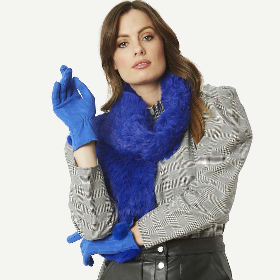 Faux Suede Gloves with Faux Fur Pompom in Blue