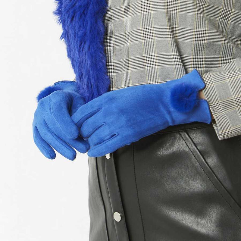 Faux Suede Gloves with Faux Fur Pompom in Blue