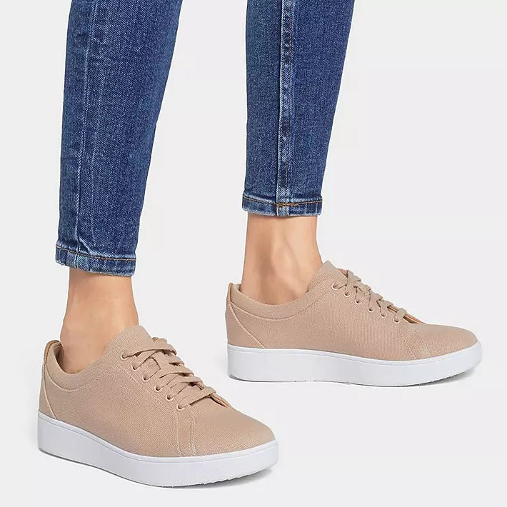 Fitflop Canvas Rally Trainers Beige BF8-137 on model