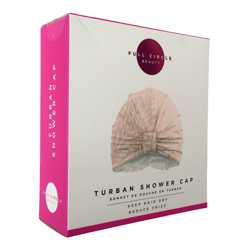 Full Circle Beauty Pink Leaf Turban Style Shower Cap FCB-SC0031PK box side