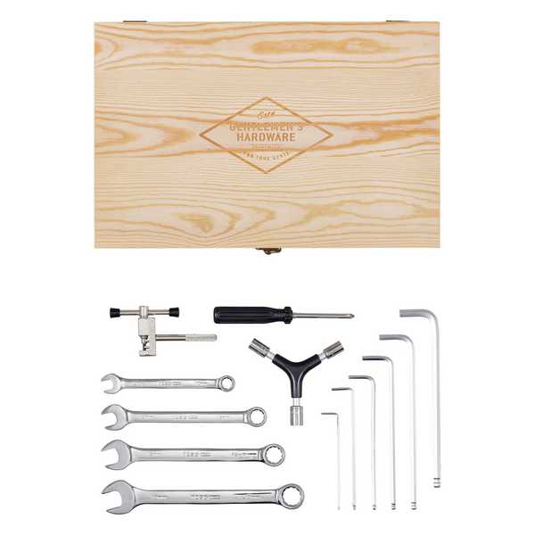Gentleman's Hardware Bicycle Tool Kit Wooden Box & Stainless Steel Tools GEN292 laid out