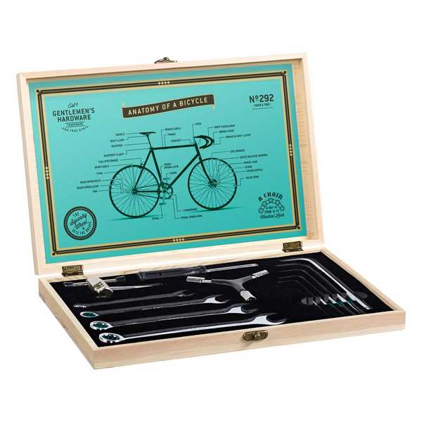 Gentleman's Hardware Bicycle Tool Kit Wooden Box & Stainless Steel Tools GEN292 open