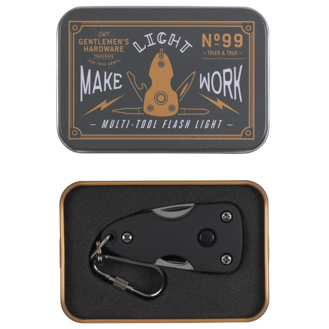 Gentlemen's Hardware Mini Multi Tool with Torch closed in tin