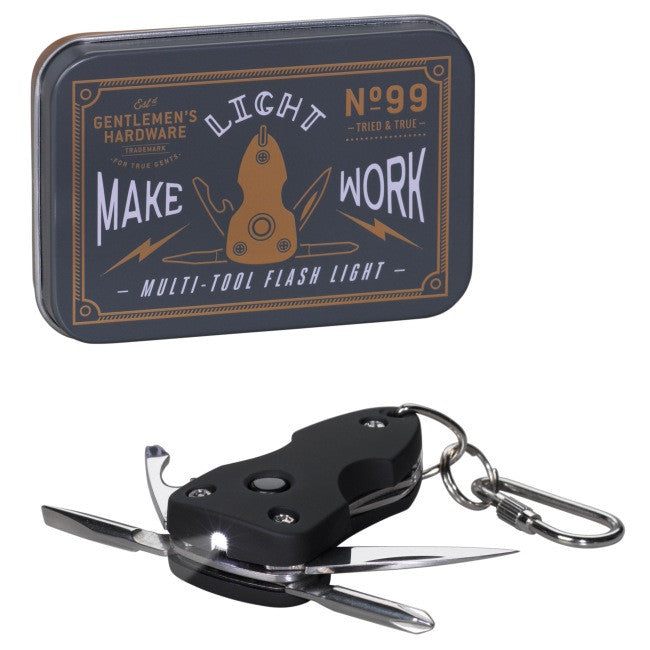 Gentlemen's Hardware Mini Multi Tool with Torch open with tin