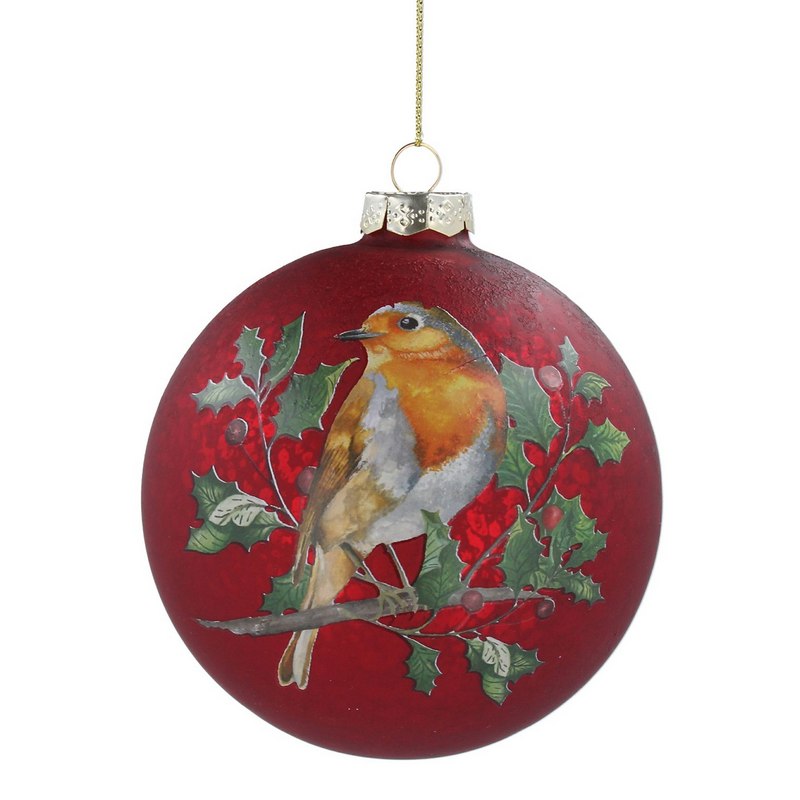 Gisela Graham Antiqued Red Glass Christmas Bauble Robin 00616 front