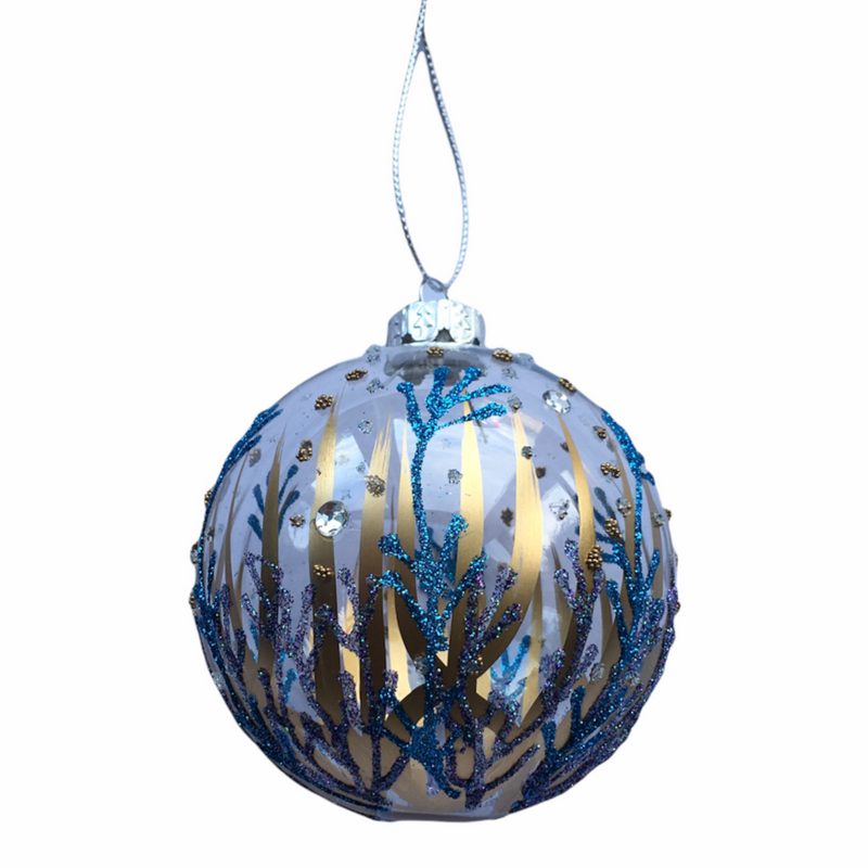 Gisela Graham Blue & Gold Seaweed Clear Glass Bauble Christmas Decoration front