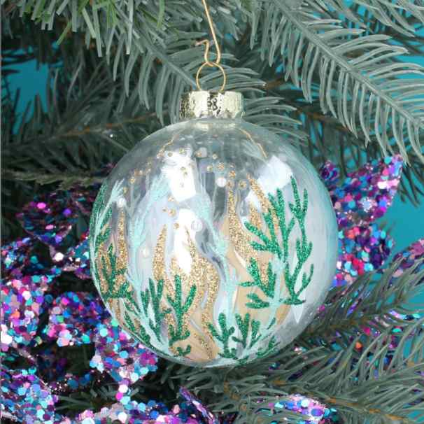 Gisela Graham Blue & Gold Seaweed Clear Glass Bauble Christmas Decoration lifestyle