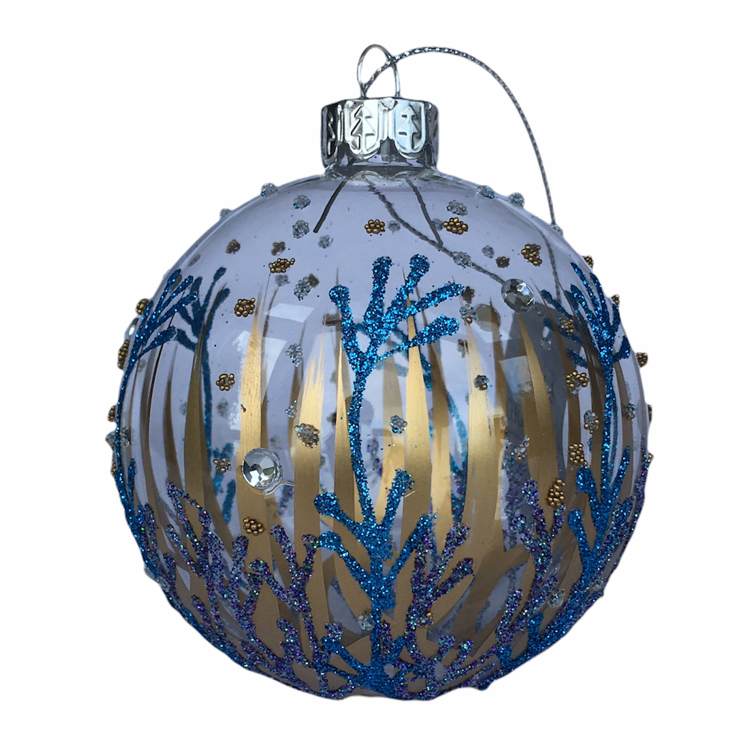 Gisela Graham Blue & Gold Seaweed Clear Glass Bauble Christmas Decoration side