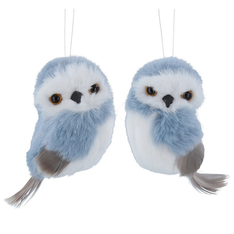 Gisela Graham Blue & White Faux Fur Owl Decoration 14502 left and right