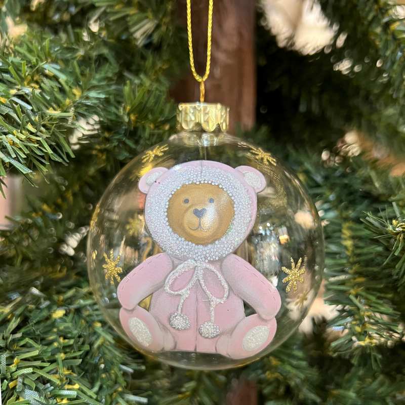 Gisela Graham Clear Glass Ball with Baby's First Teddy 1581 on tree front pink
