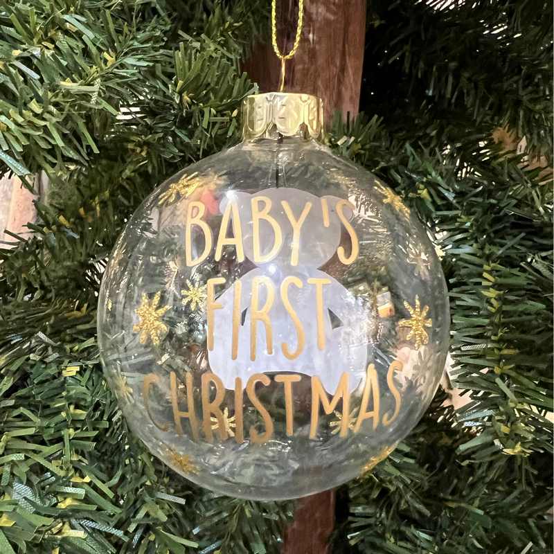 Gisela Graham Clear Glass Ball with Baby's First Teddy 1581 on tree reverse