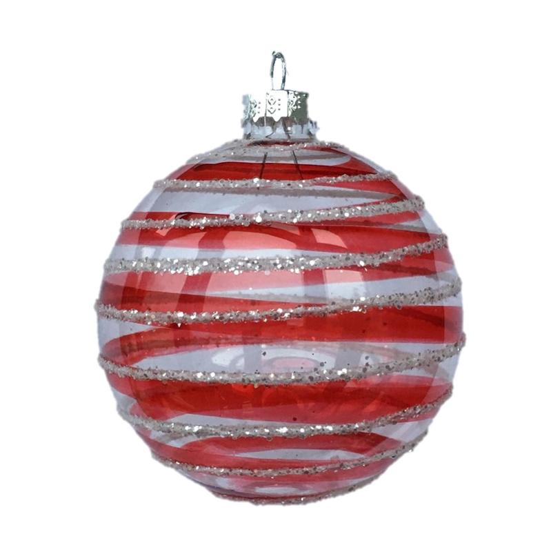 Gisela Graham Clear Glass Ball with Red and Silver Glitter Spirals