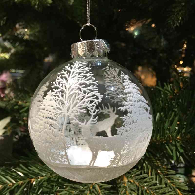 Gisela Graham Clear Glass ball With White Trees and Stag on Christmas Tree