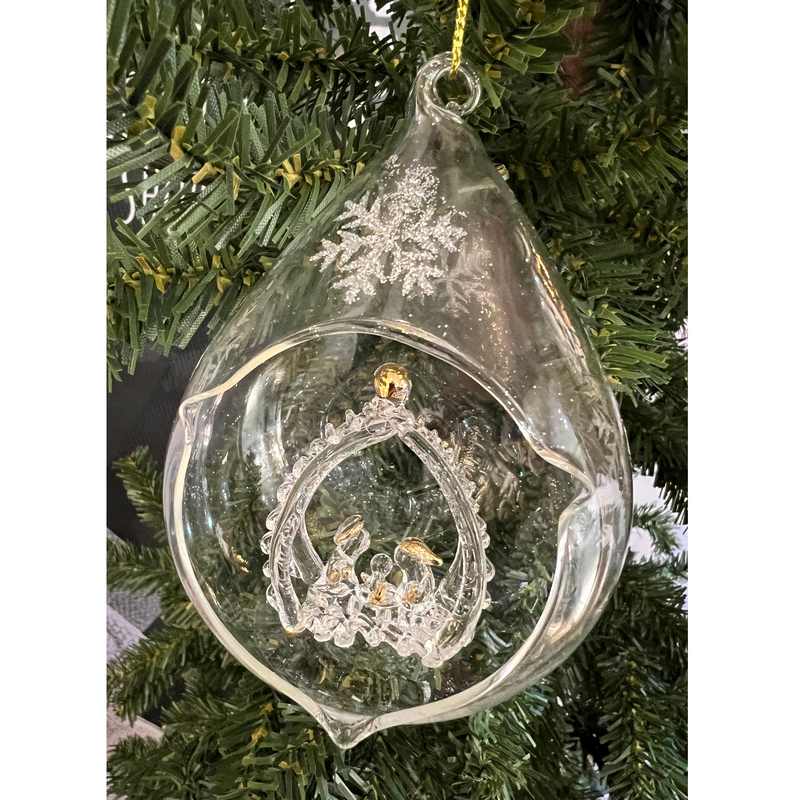 Gisela Graham Glass Teardrop Bauble with Nativity 1954 on tree angled