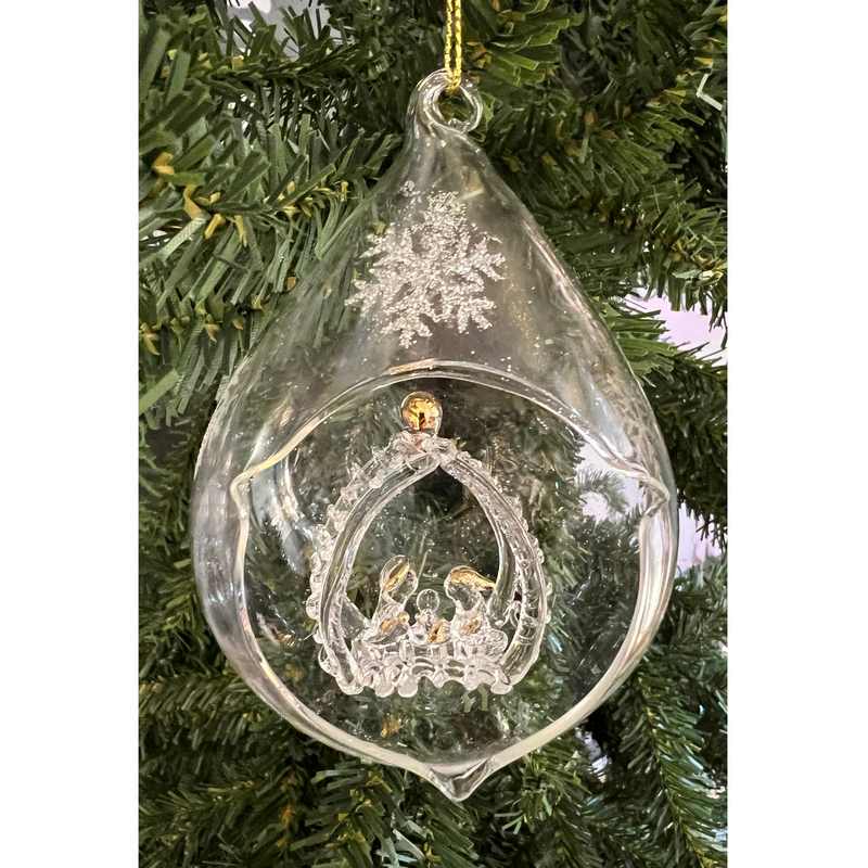 Gisela Graham Glass Teardrop Bauble with Nativity 1954 on tree front