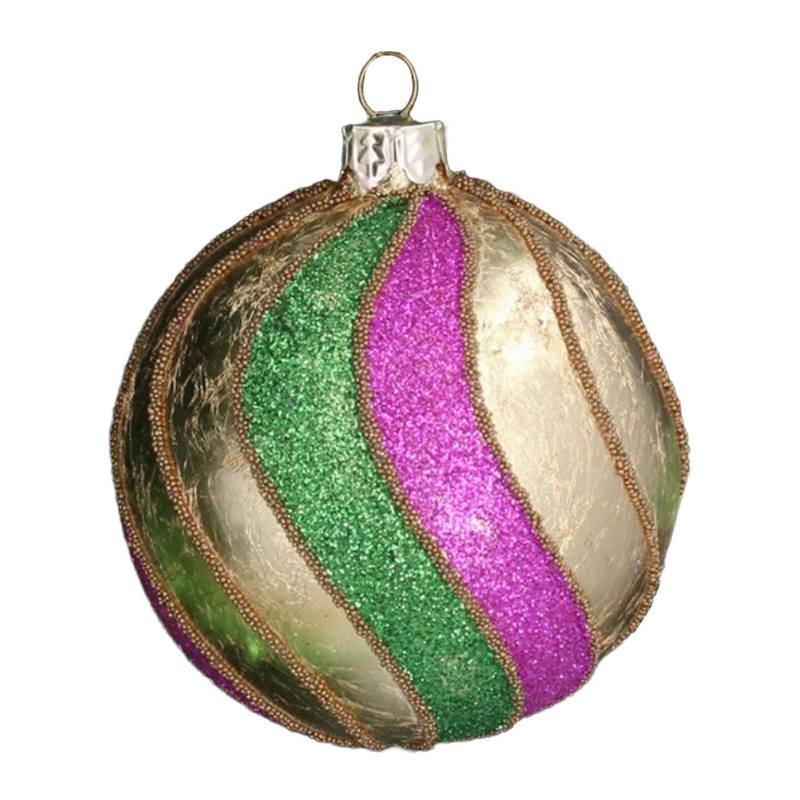 Gisela Graham Gold Green & Purple Glitter Spiral Glass Christmas Bauble 00408 main
