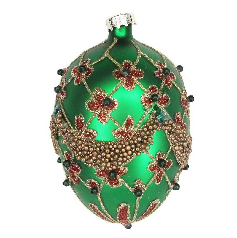 Green Red & Gold Decorated Glass Egg