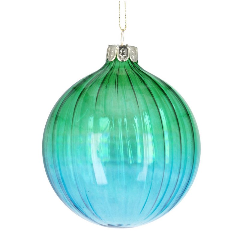 Gisela Graham Green & Blue Ribbed Glass Christmas Tree Bauble 00143 front
