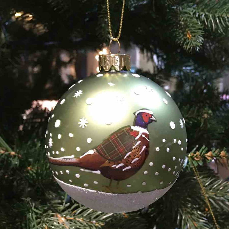 Gisela Graham Matt Green Glass Ball with Pheasant on Christmas Tree