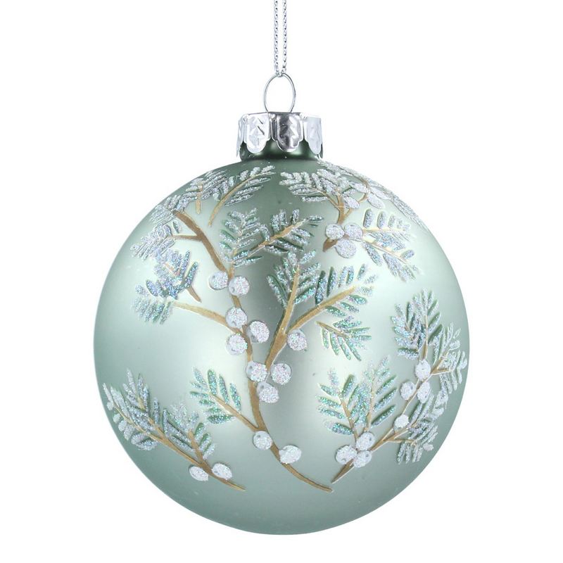 Gisela Graham Matt Pale Green Glass Christmas Bauble Twigs & Berries 00473 front